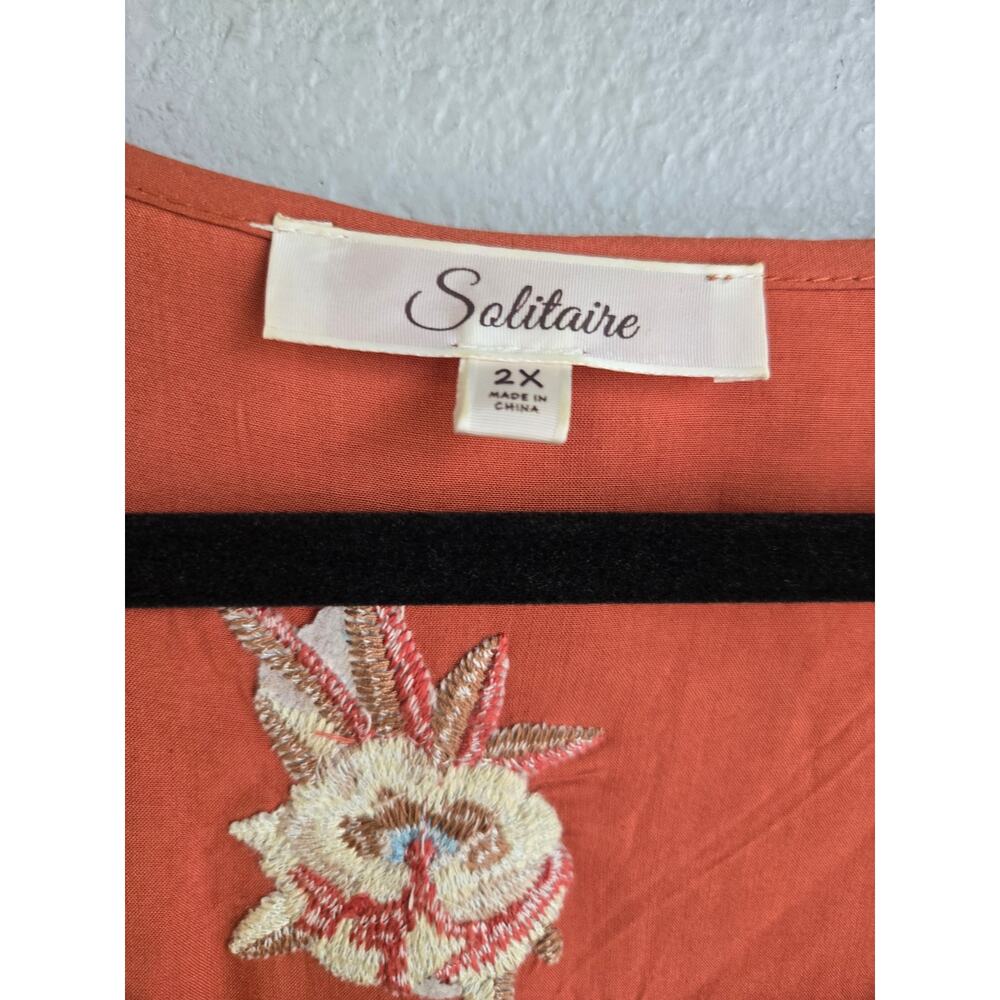Solitaire Embroidered Boho Tunic Top Rust Orange Plus Size 2X Rayon Long Sleeve - Picture 3 of 8